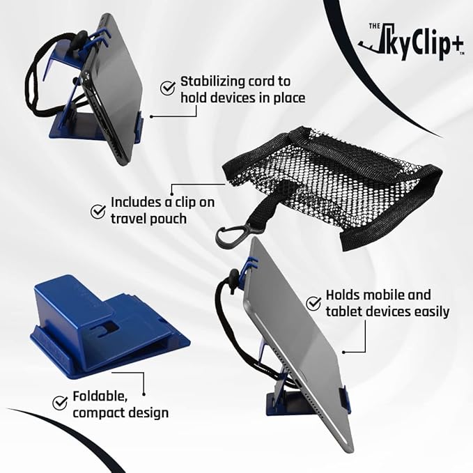 The SkyClip+ Phone & Tablet Holder for Air Travel, Home and Office Use - Inflight Phone Mount & Stand Compatible with iPhone, Android, Kindle and Tablets - Ultimate Travel Accessory (Blue)