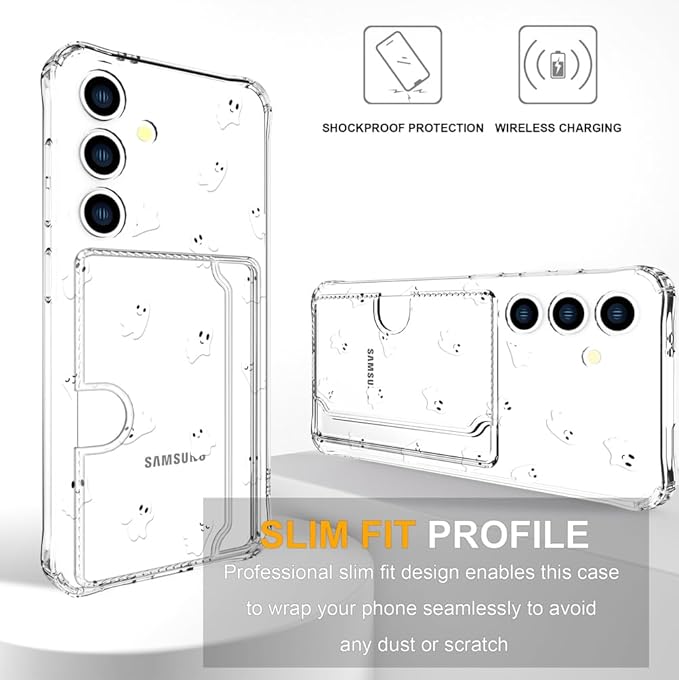 Compatible with Samsung Galaxy S24 / S25 Case Card Holder for Women Cute Design,Wallet Phone Cases Transparent Cool Kawaii Protective (Clear Ghosts Halloween Hallowmas)