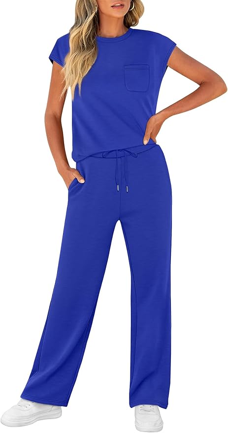 WIHOLL 2 Piece Sets for Women Casual Summer Travel Vacation Outfits Cap Sleeve Lounge Set