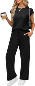 WIHOLL 2 Piece Sets for Women Casual Summer Travel Vacation Outfits Cap Sleeve Lounge Set