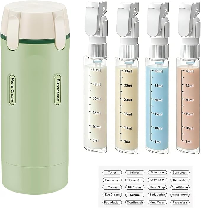 4 in 1 Travel Dispenser Bottle Travel Bottle Dispenser for Toiletries TSA Approved Leakproof with 4 Pack 30Ml Travel Size Pump Bottles & Labels, Suitable for Lotion Shampoo Conditioner Cream