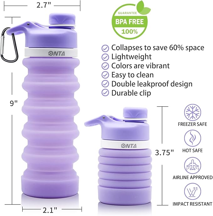 ONTA Collapsible BPA Free Silicone Water Bottle, 20oz - Portable, Leakproof, Easy Clean, Shatter Resistant, Travel Friendly