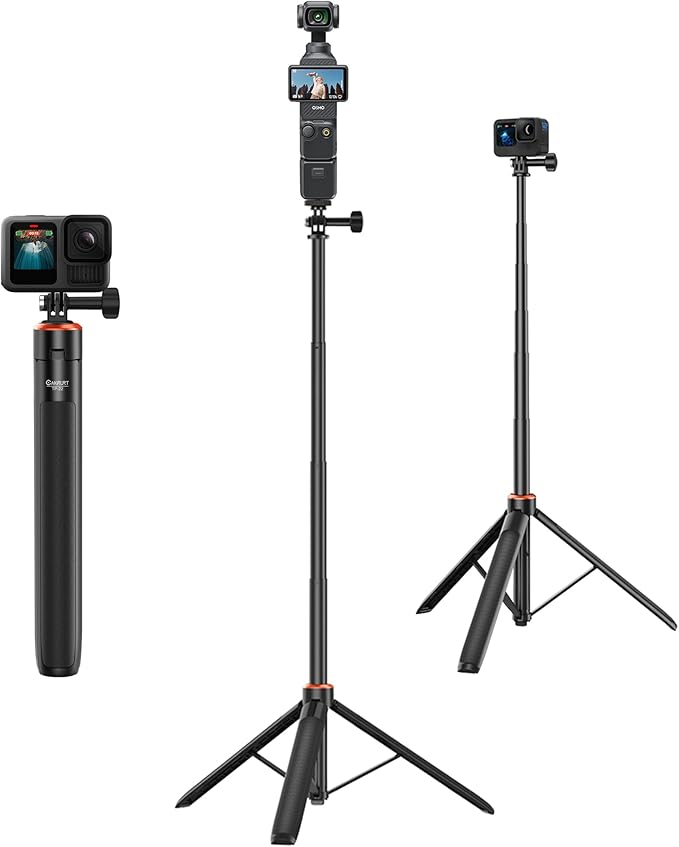 53.5" Action Camera Selfie Stick Tripod for DJI Osmo Pocket 3, GoPro Hero 13/12/11/10/Max2, DJI Action 5 Pro/4, 2-in-1 Extendable Travel Vlog Handle Stand/Accessory for Vlog Video Recording