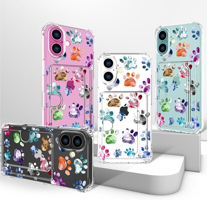Compatible with iPhone 16 Case Card Holder for Women Cute Design,Wallet Phone Cases Transparent Cool Kawaii Protective (Clear Lovely Dogs Paws)