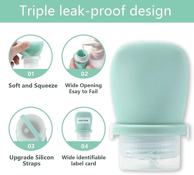 Silicone Travel Bottles Set for Toiletries, Leak Proof Refillable Squeezable Containers, Travel Containers 38ml（1.3oz） for Shampoo Conditioner Lotion Liquids, with Storage Bag Tag