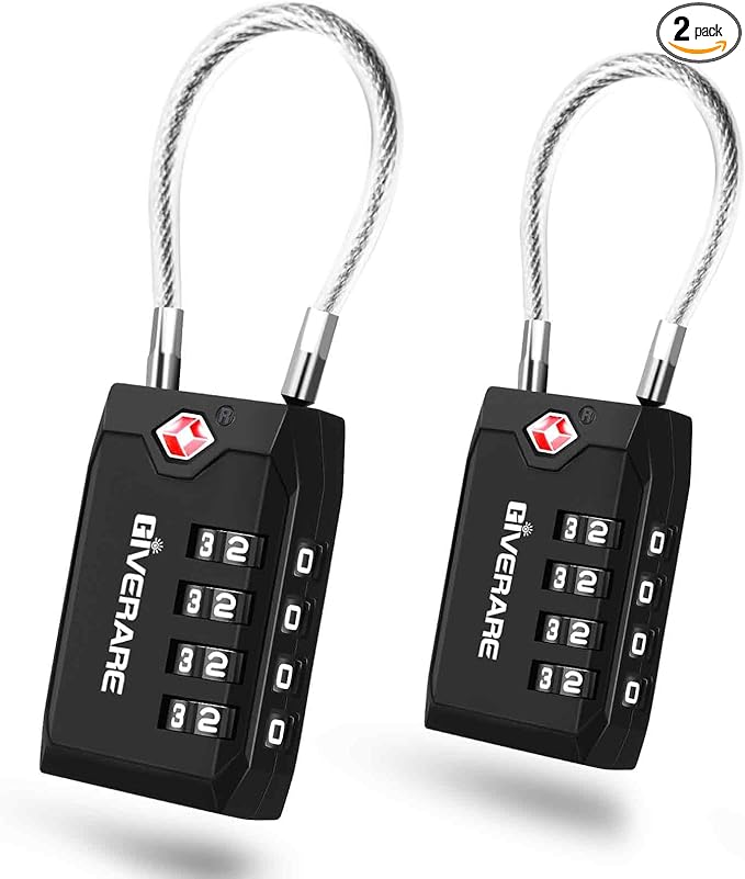 2 Pack TSA Approved Travel Luggage Locks, 4-Digit Cable Combination Suitcase Lock, Metal Alloy Padlocks, Weatherproof Padlock for Locker, Bag, Gun Case, Backpack, Anti Theft, Easy Read Dials-Black