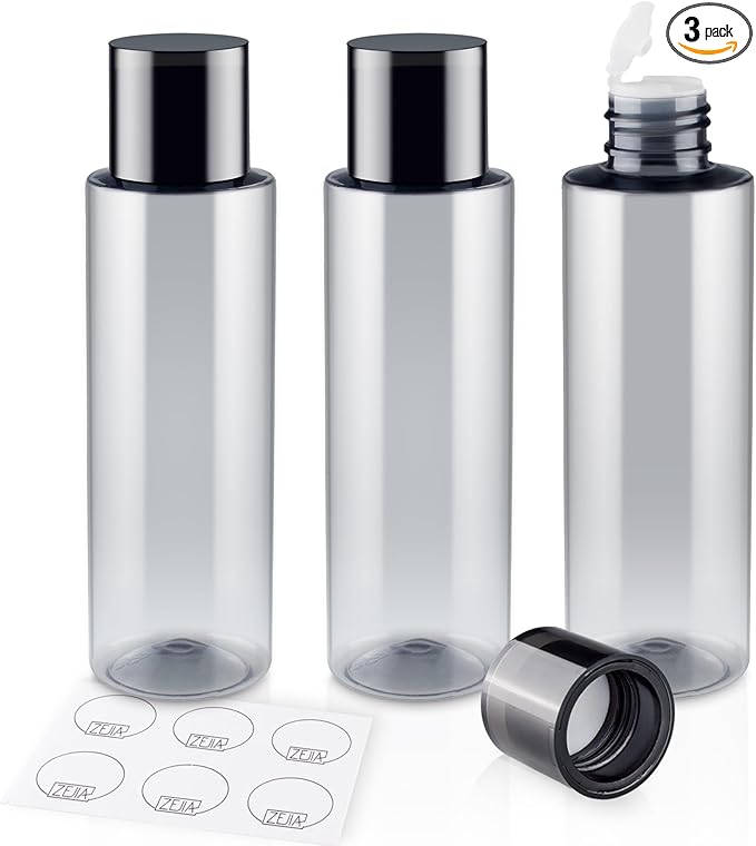 ZEJIA 150ML/5OZ Travel Size Toiletries, 3 Pack Travel Size Containers, Leak Proof Plastic Bottles for Shampoo, Lotion, Body Wash with 6pcs Labels