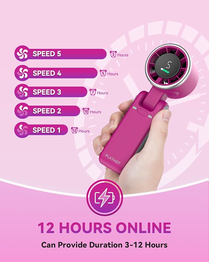 PlayHot Portable Handheld Turbo Fan, 5-Speed Personal Fans, 5000mAh Rechargeable Fans Up to 12 Hours, Weight only 0.6lb Small Fan, Hand/Neck/Desk Fan 3 IN 1, Beach Vacation Essentials(Magenta)