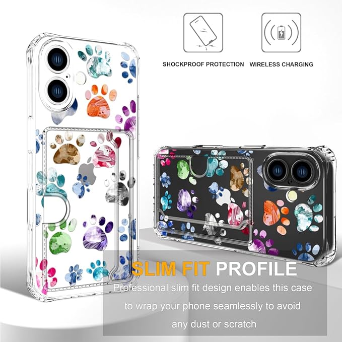 Compatible with iPhone 17 Case Card Holder for Women Cute Design,Wallet Phone Cases Transparent Cool Kawaii Protective (Clear Lovely Dogs Paws)