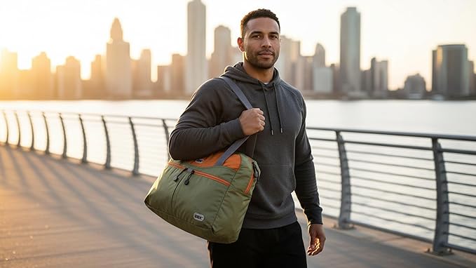 GOX Packable Tote Bag – Under Seat Airline Personal Item, Lightweight Foldable Travel Duffel 28L, Nylon Shoulder Bag for Women Men, Carry-on Weekender for Plane Gym (Green&Orange)