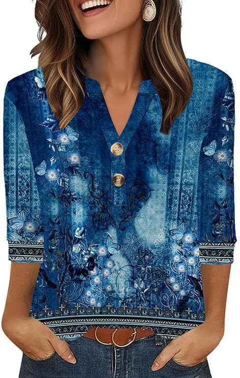 OFEEFAN Womens Tops 3/4 Sleeve Henley Shirts for Women Summer Outfits Fashion Clothing