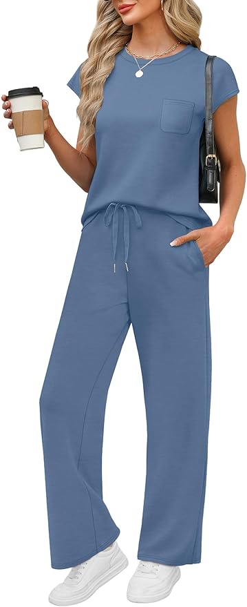 WIHOLL 2 Piece Sets for Women Casual Summer Travel Vacation Outfits Cap Sleeve Lounge Set
