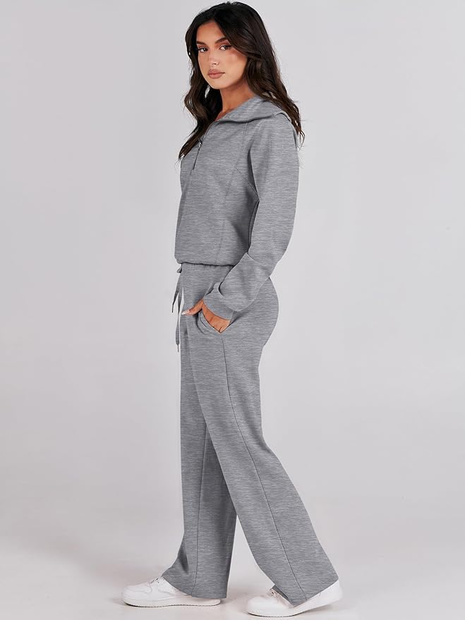ANRABESS Women 2 Piece Outfits 2025 Fall Fashion Airport Wide Leg Pants Lounge Set Leisure Travel Vacation Clothes Sweatsuits