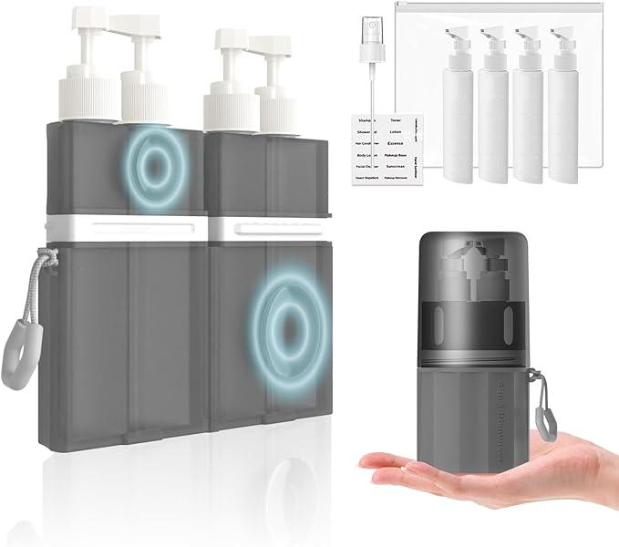 2P 4 in 1 Travel Toiletry Containers,TSA Approved Refillable Travel Size Toiletries Bottles Set with Suction Cup for Smooth Walls - for Shampoo,Conditioner,Body Wash,Lotion. (Pink+Grey)
