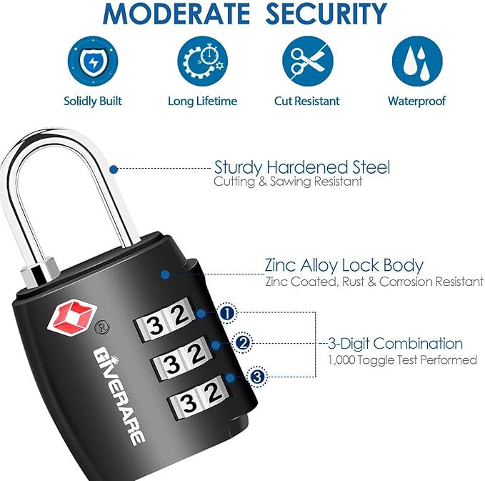 4 Pack TSA Approved Travel Luggage Locks, Combination Lock Alloy Body, Metal Keyless 3-Digit Padlocks, TSA Accepted Compatible Padlock for Gym Locker, Golf Bag Case, Backpack, Black-by GIVERARE