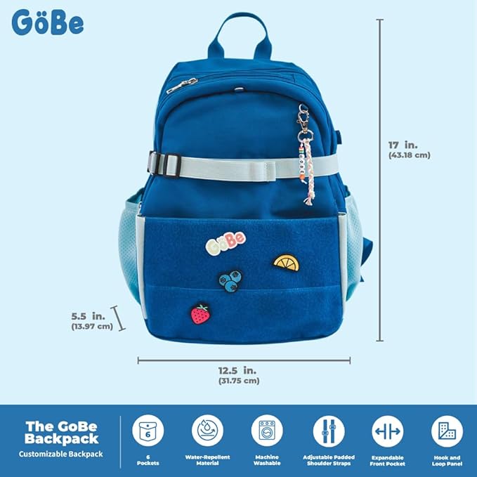 GoBe Kids Travel Backpack with Lunchbag Combo – Washable, Lightweight Luggage Backpack with Customizable Patches, Preschool, Kindergarten - Durable For Travel, School, Airplane, Ages 3-8, Blue