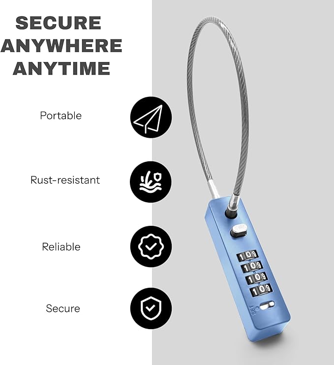 4 Digit Combination Cable Lock for Bike Scooter Motorcycle Helmet AntiTheft, 11.8" Short Cable Chain, Combo Travel Lock with Code for Luggage Suitcase, Refrigerator, Fence Gate, Locker