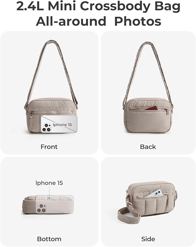 BAGSMART Cross Body Purse, Mini Crossbody Bags for Women Travel Purse, Puffy Shoulder Handbag Wallet with RFID Blocking Slots, Light Gray-small