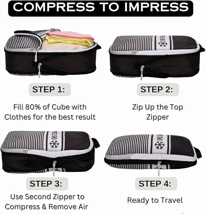 Apres Ski Packing Cubes Organizer Bags for Suitcase & Backpack, Compression Packing Cubes for Travel, Lightweight Luggage Organizers, Travel Cubes, Vacation Essentials, 3pc Set, Black Apres Ski