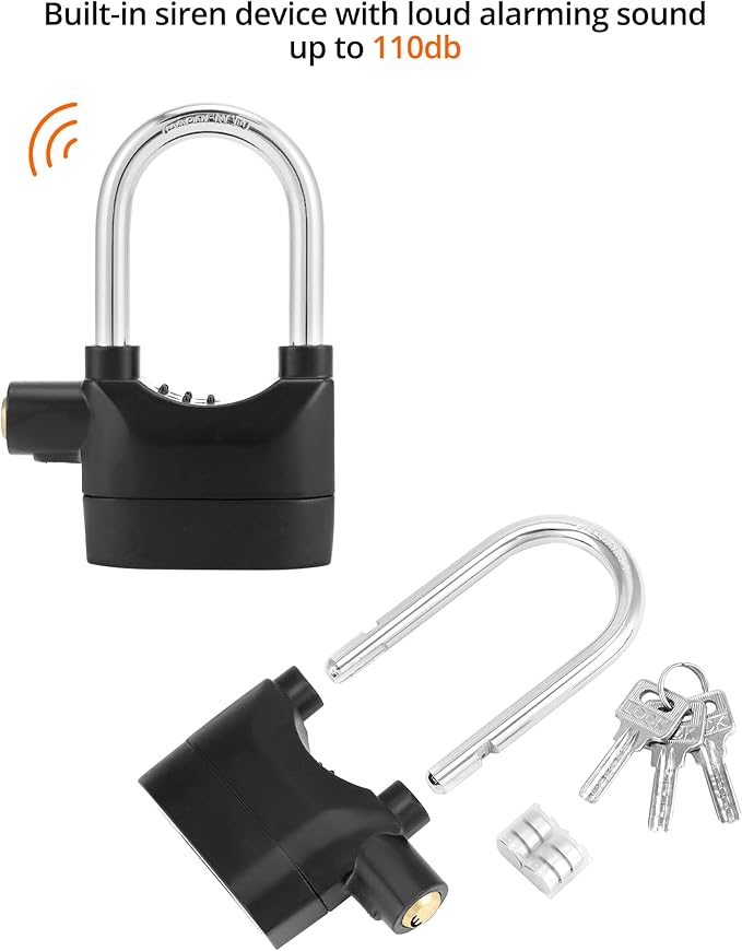 QWORK Alarm Lock, 110 Db Universal Security Alarm Lock System Burglar Door Motor Bike Padlock with 6 Keys (Black), 2 Pack