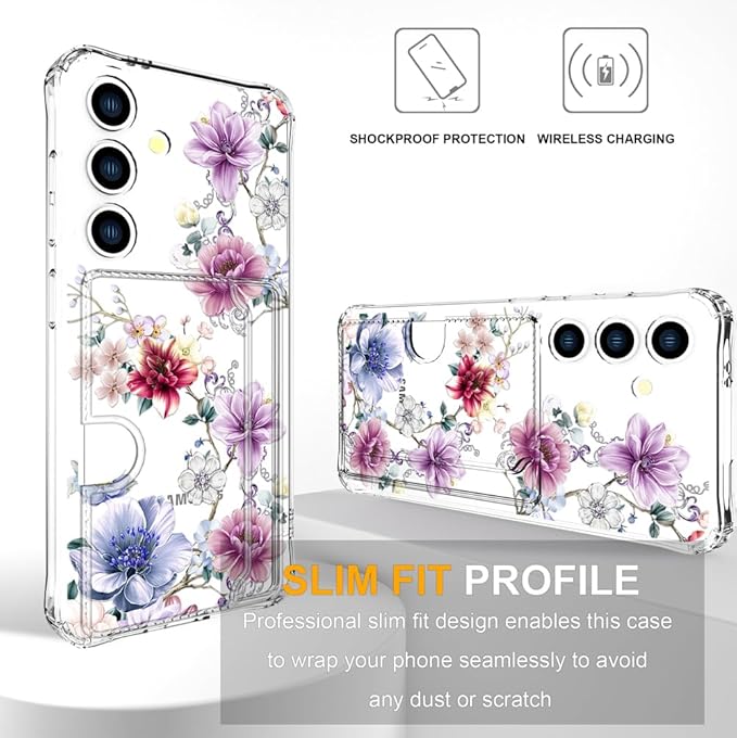 Compatible with Samsung Galaxy S24+ Plus / S25+ Plus Case Card Holder for Women Cute Design,Wallet Phone Cases Transparent Cool Kawaii Protective (Clear Wonderful Large Flowers)