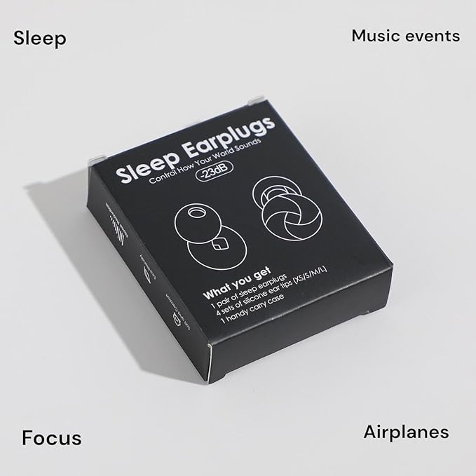 Ear Plugs for Sleeping 23dB Noise Reduction for Concerts, Focus, Travel Soft Reusable Silicone Ear Plugs for Side Sleepers with 4 Ear Tips Case Black