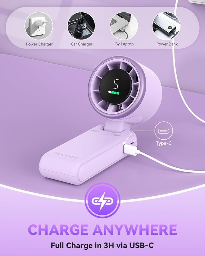 PlayHot Portable Handheld Turbo Fan, 5-Speed Personal Fans, 5000mAh Rechargeable Fans Up to 12 Hours, Weight only 0.6lb Small Fan, Hand/Neck/Desk Fan 3 IN 1, Beach Vacation Essentials(Purple)