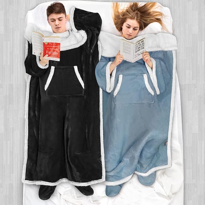 PAVILIA Sherpa Blanket with Sleeves, Foot Pocket for Women Men Adults, Thick Wearable Blanket Throw Wrap, Fleece Warm Snuggle Blanket Robe, Cozy Gift Ideas Wife Mom, Blue