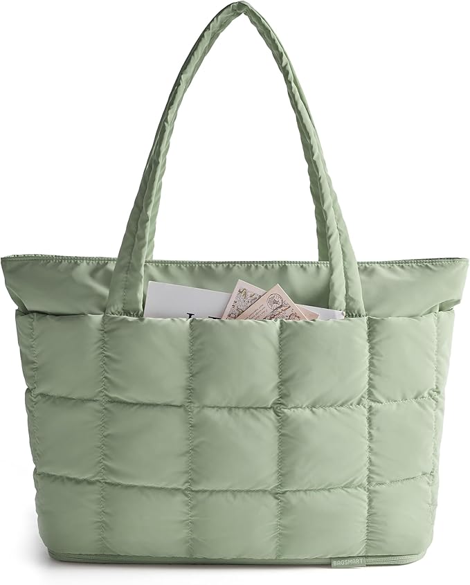 BAGSMART Expandable Tote Bag for Women, Puffer Work Tote Handbag, Quilted Carry On Bag for Travel Gym