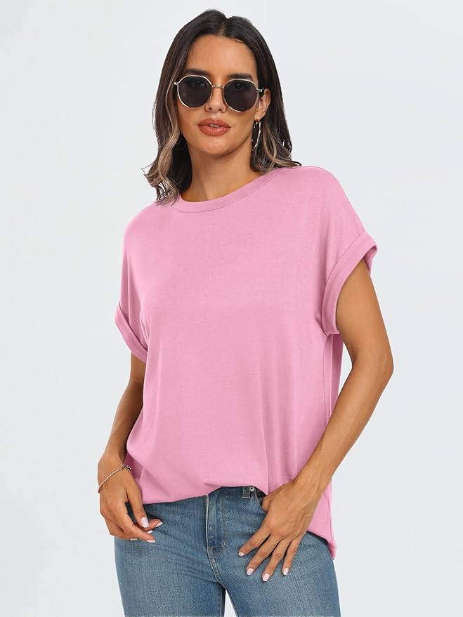 AUTOMET Women's Oversized Short Sleeve T Shirts Casual Drop Shoulder Rolled Cuff Summer Tops for Work, Travel and Lounge