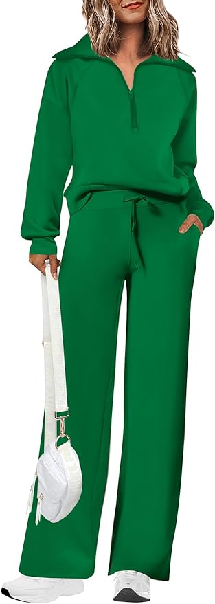 PRETTYGARDEN Women's 2 Piece Outfits Casual Lapel Half Zip Sweatshirts and Wide Leg Pants Tracksuit Sets