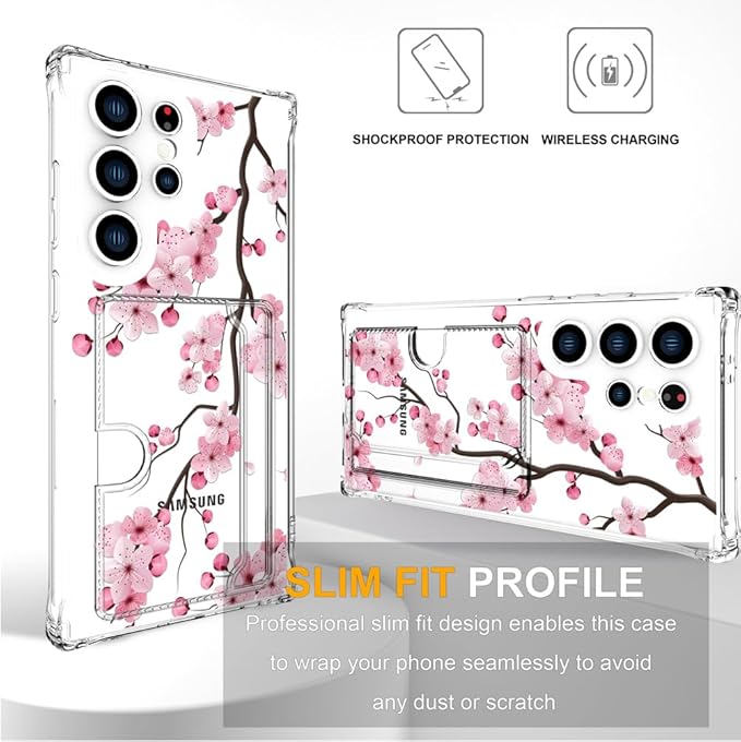 Compatible with Samsung Galaxy S24 Ultra Case Card Holder for Women Cute Design,Wallet Phone Cases Transparent Cool Kawaii Protective (Clear Sakura Peach Cherry)