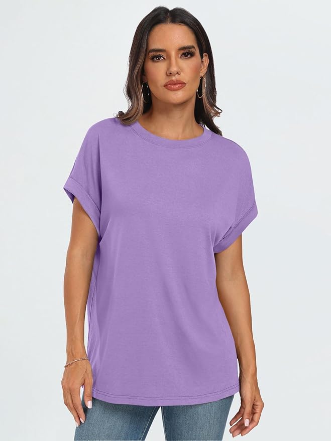 AUTOMET Women's Oversized Short Sleeve T Shirts Casual Drop Shoulder Rolled Cuff Summer Tops for Work, Travel and Lounge