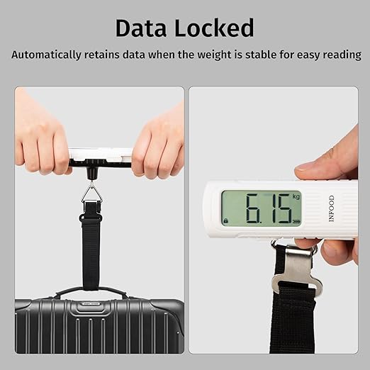 INFOOD Battery-Free Digital Luggage Scale, Suitcase Scale for Travel, Portable Luggage Weight Scale with Hook & LCD Display for Luggages, Packages & Bags, 110lb/50kg Handheld Scale, White