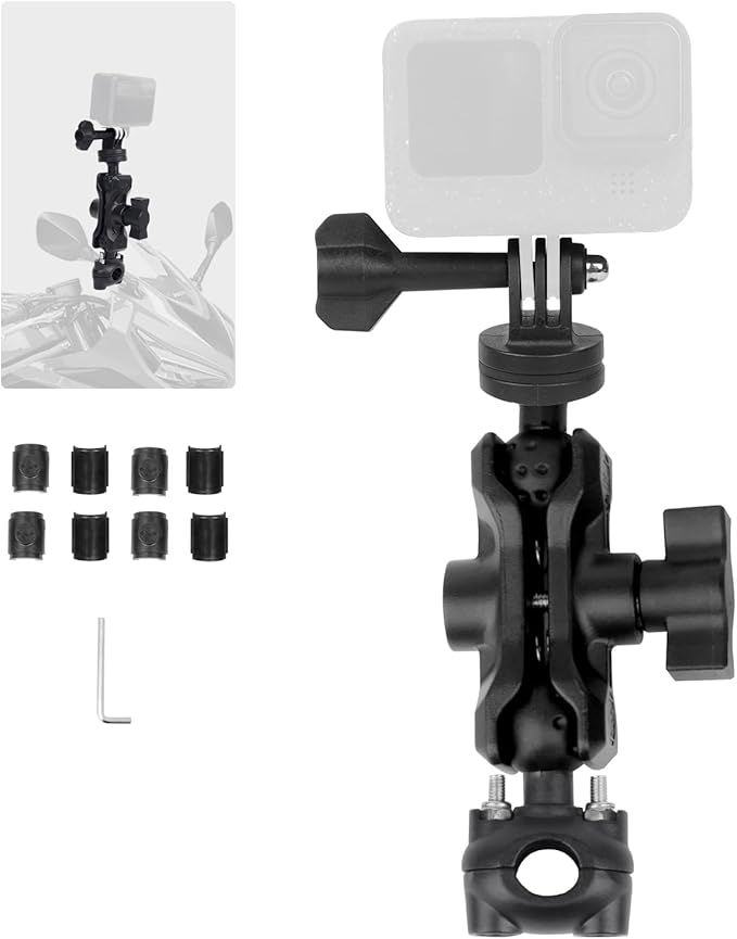 Bike Motorcycle Camera Mount Bundle Kit, 1/4" Screw & Tripod Mount Adapter, 360°Rotating Ball Head Base - Super Clamp Mounting for Most Action Camera, Rearview Mirror(0.35"-0.47") 75015