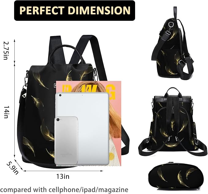 Fmeida Travel Backpack Purse for Women Anti Theft Convertible Backpacks Fashion Waterptoof Nylon Daypack Black Feather