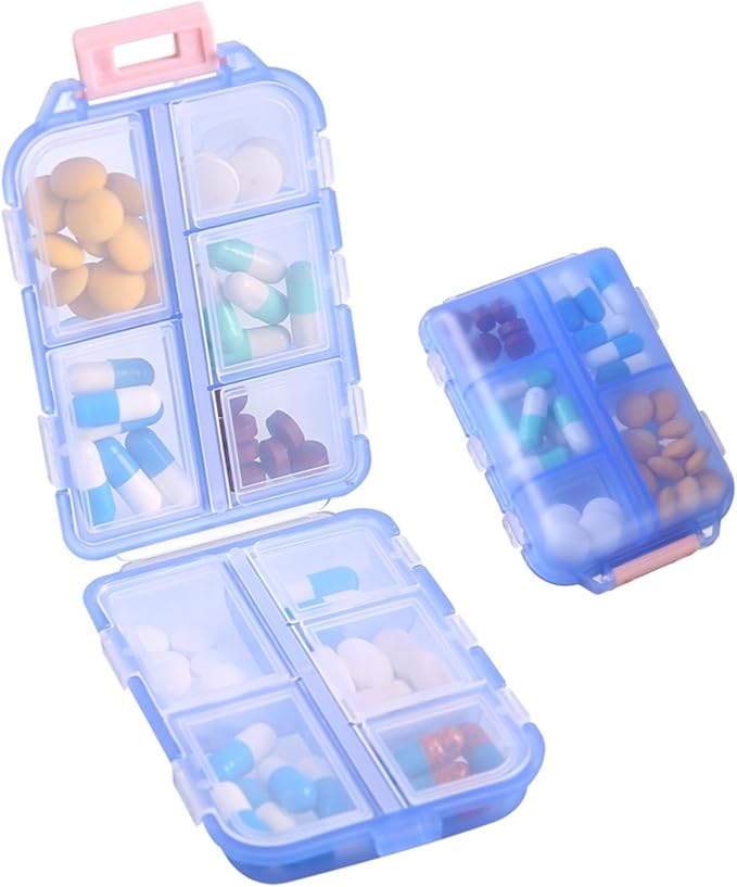 1Pack Travel Pill Organizer - 10 Compartments Pill Case, Compact and Portable Pill Box, Perfect for On-The-Go Storage, Pill Holder for Purse (Blue with 156 Stickers)