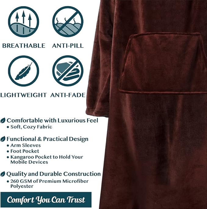 PAVILIA Fleece Blanket with Sleeves, Foot Pockets for Women Men Adults, Plush Wearable Blanket Throw Wrap, Warm Snuggle Blanket Robe, Cozy Gift Ideas Wife Mom, Brown