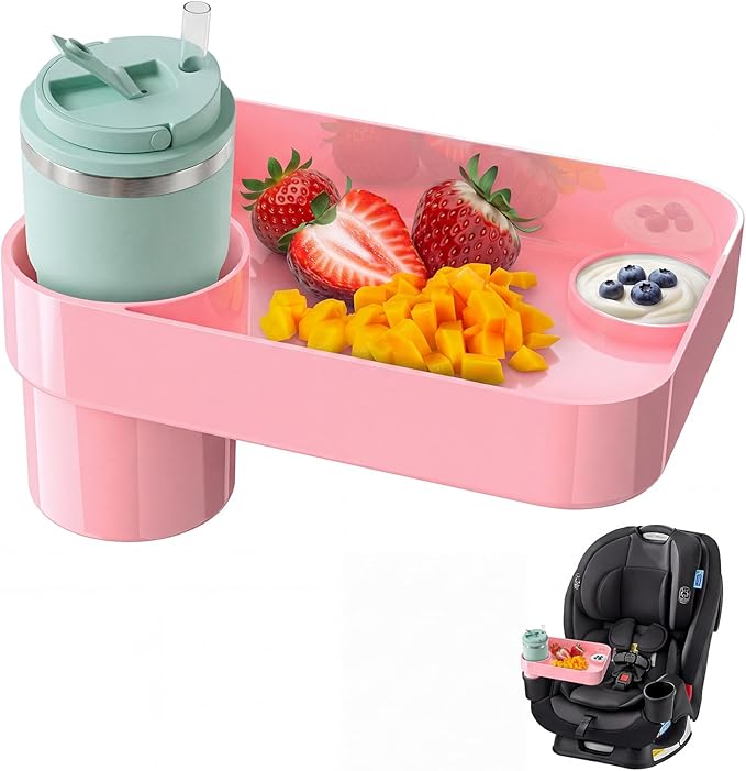 Toddler Car Seat Snack Tray - 3 Inch Cup Holder with Dip Well Fits Most Sippy Cups & Straw Bottles, Mess-Free Square Kids Travel Tray Road Trip Essentials, Pink