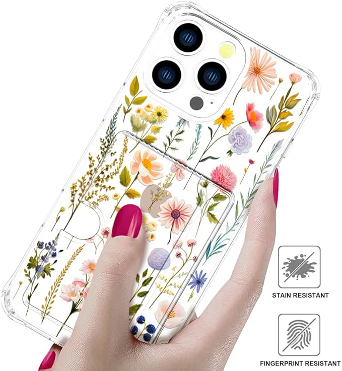 Compatible with iPhone 16 Pro Max Case Card Holder for Women Cute Design,Wallet Phone Cases Transparent Cool Kawaii Protective (Clear Watercolor Floral)