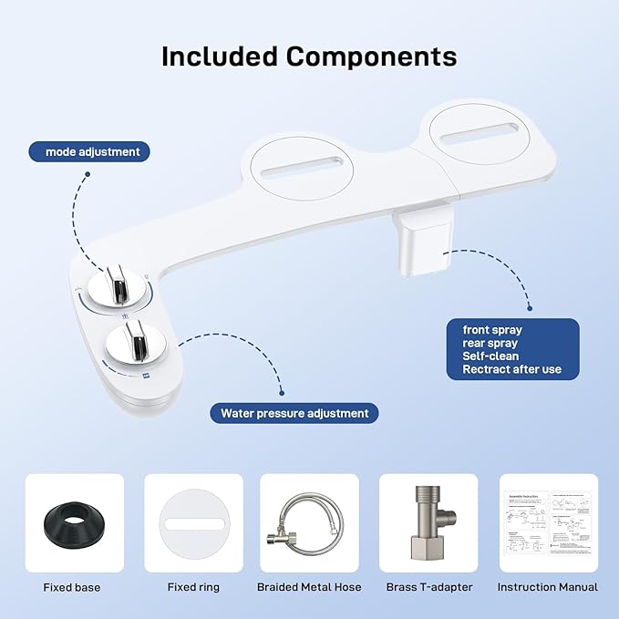 Toilet Bidet Attachment, Non-Electric Dual Nozzle (Feminine/Bidet Wash), Self-Cleaning Fresh Cold Water Sprayer Bidets for Toilets with Adjustable Water Pressure (Dual Knob, Chrome)