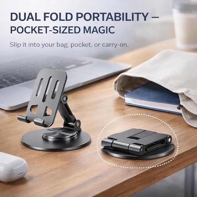 Mizi Universal Metal Phone Stand - 360°/720° Adjustable Rotation Desk Holder, Foldable & Stable with Non-Slip Weighted Base, Compatible with iPhone 17/16/15/14/13/12 Pro Max & All Smartphones - Grey