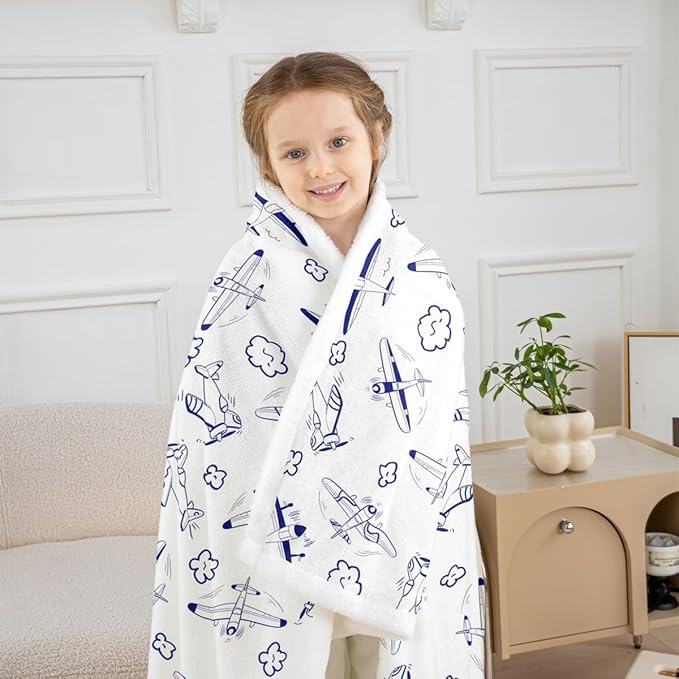Airplane Kids Throw Blanket,Cartoon Aircraft American Plane Bed Blanket for Girls Boys Adults,Cute Cloud Airplane Fleece Blanket,Blue White Fuzzy Blanket,Twin Size (60 x 80 Inches)