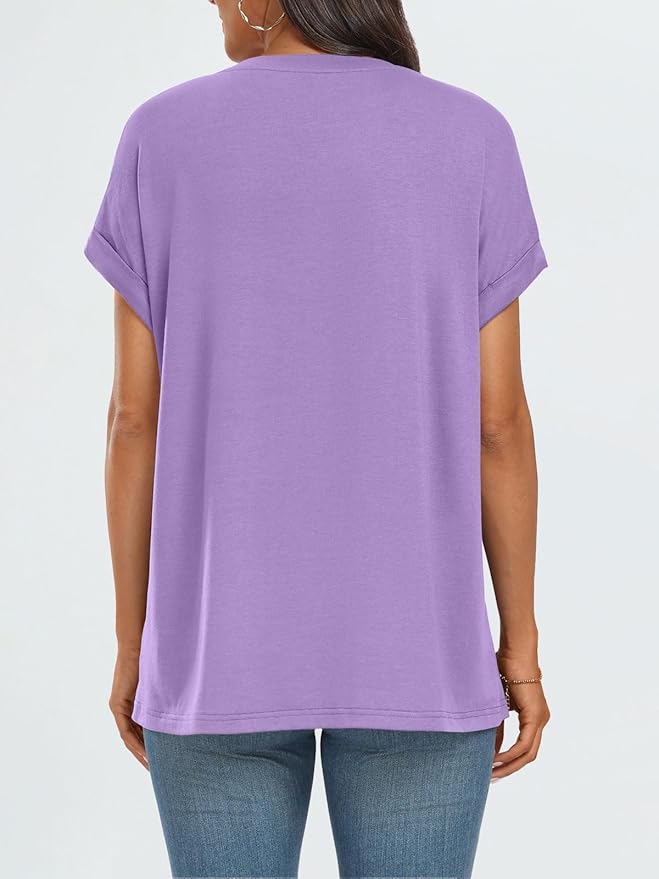AUTOMET Women's Oversized Short Sleeve T Shirts Casual Drop Shoulder Rolled Cuff Summer Tops for Work, Travel and Lounge