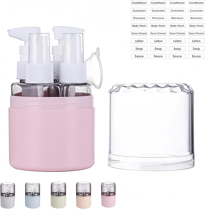 CLOUDEMO Mini Shampoo Dispenser Portable Travel Bottle Set, 2-in-1, 3-in-1, 4-in-1 Mini Dispenser Portable Travel Set, Leak Proof Refillable Travel Containers with Labels (Pink,4 in 1)
