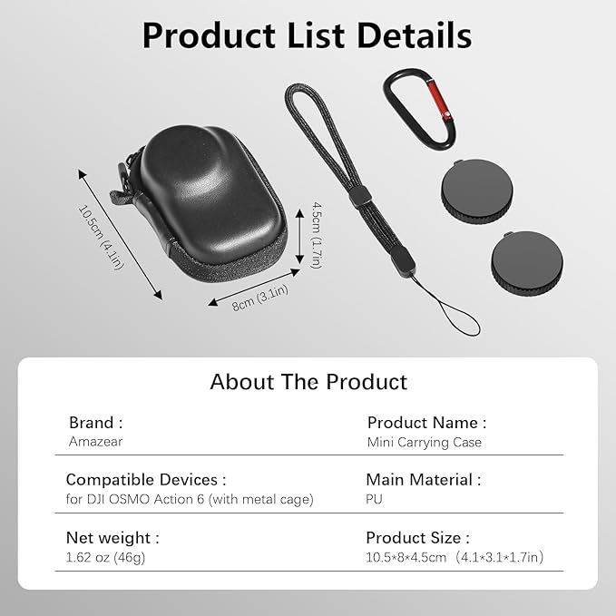 AMAZEAR Carry Case for DJI OSMO Action 6 Accessories, Action6 Portable and Compact Travel Bag Hard Leather Case with Soft Inner for Protection, Storage (Must Be Used with a Metal Cage), Black