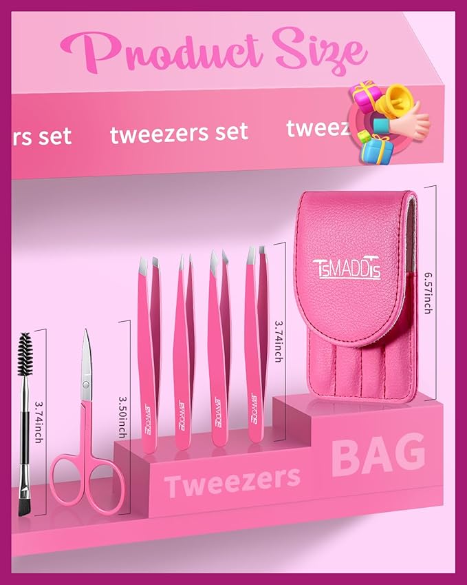 TsMADDTs 6 pcs Eyebrow Tweezers Set, Tweezers for Women Facial Hair with Curved Scissor and Eyebrow Brush for Ingrown Hair