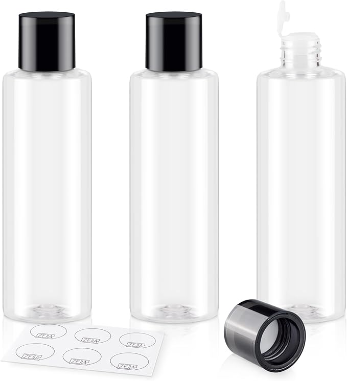 ZEJIA Clear 200ML/6.8OZ Travel Size Toiletries, 3 Pack Plastic Travel Bottles, Double Leak Proof Travel Size Containers for Shampoo, Lotion, Body Wash, Refillable Empty Travel Bottles with 6pcs Labels
