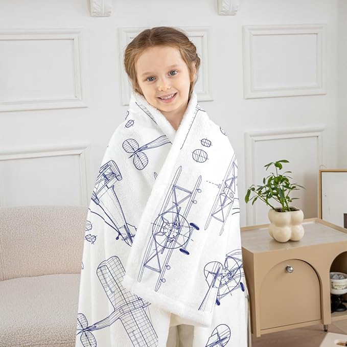 Airplane Kids Throw Blanket,Hand-Painted American Aircraft Toddler Bed Blanket for Girls Boys Adults,Air Vehicles Cartoon Fleece Blanket,Blue White Fuzzy Blanket,Baby Size (30 x 39 Inches)