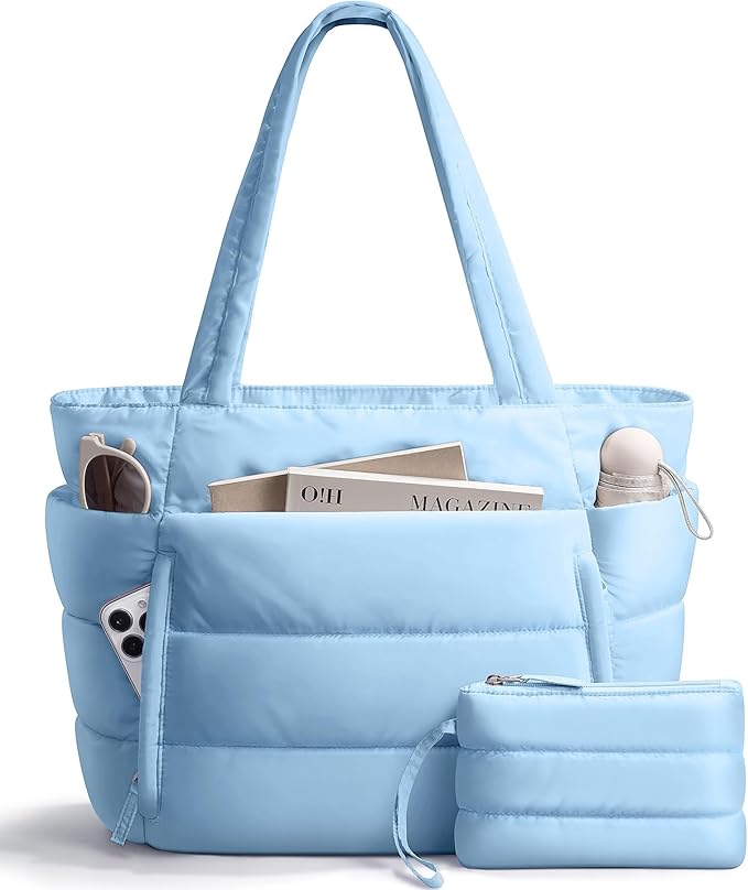 Bagstellar Puffer Tote Bag for Women, Lightweight Puffy Work Handbag Teacher Nurse Quilted Shoulder Bag for School Travel Gym | Cloud Bag w/ Zipper, Daily College Bags, 15.6" Computer Bag, Clinical Nursing Bag, 40 OZ Tumbler Holder, Ideal Gift for Women